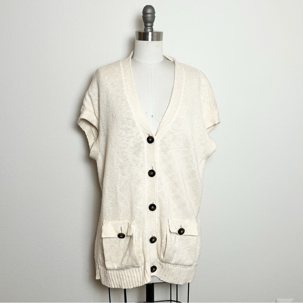 Tory Burch Bergdorf Goodman Ivory Cotton Linen Knit Cardigan Vest Large‎